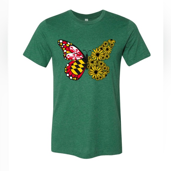 Route One Apparel Tops - 🆕 Maryland Flag & Black Eyed Susan Butterfly (Heather Green) / Shirt